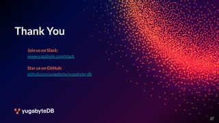 © 2023 All Rights Reserved 37
Thank You
Join us on Slack:
www.yugabyte.com/slack
Star us on GitHub:
github.com/yugabyte/yugabyte-db
37
 