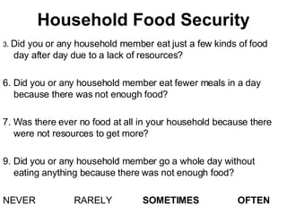 Household Food Security 3.  Did you or any household member eat just a few kinds of food day after day due to a lack of resources? 6. Did you or any household member eat fewer meals in a day because there was not enough food? 7. Was there ever no food at all in your household because there were not resources to get more? 9. Did you or any household member go a whole day without eating anything because there was not enough food? NEVER  RARELY  SOMETIMES  OFTEN 