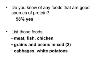 Do you know of any foods that are good sources of protein?  58% yes List those foods meat, fish, chicken grains and beans mixed (2) cabbages, white potatoes 