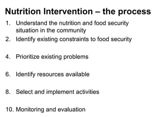 Understand the nutrition and food security situation in the community Identify existing constraints to food security Prioritize existing problems  Identify resources available  Select and implement activities  Monitoring and evaluation Nutrition Intervention – the process 