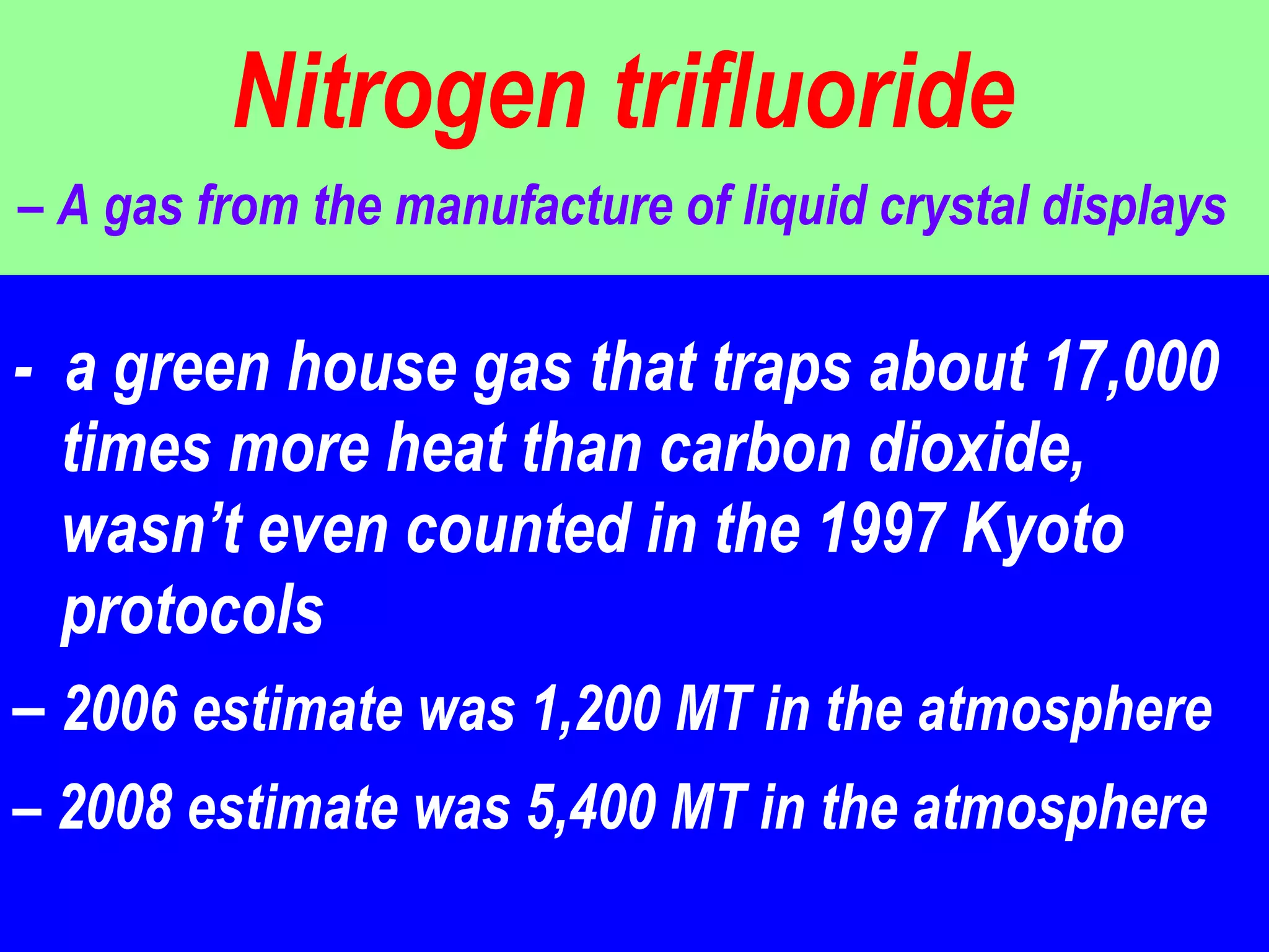 Nitrogen trifluoride  – A gas from the manufacture of liquid crystal displays   -  a green house gas that traps about 17,000 times more heat than carbon dioxide, wasn’t even counted in the 1997 Kyoto protocols –  2006 estimate was 1,200 MT in the atmosphere –  2008 estimate was 5,400 MT in the atmosphere   