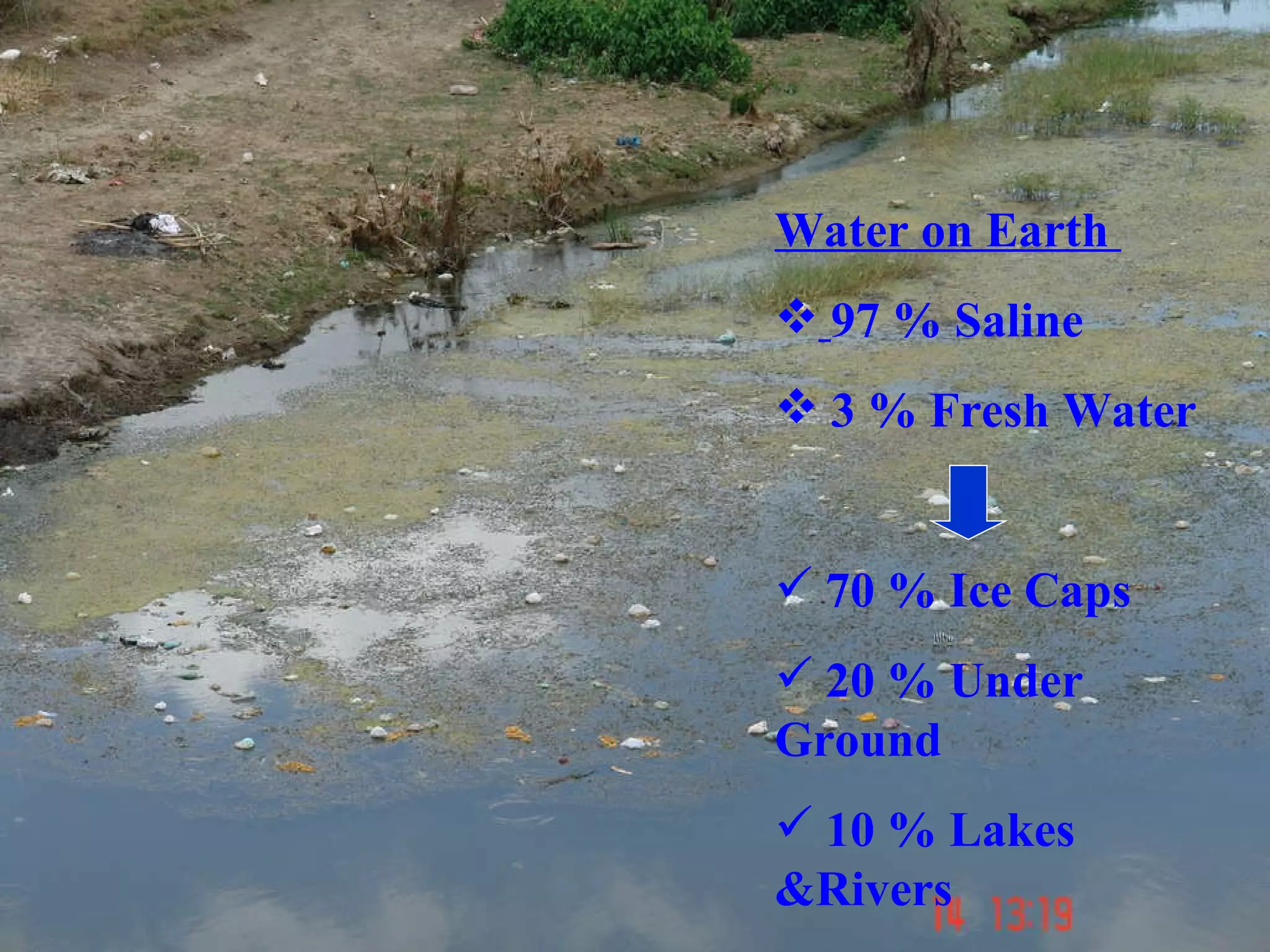 Water on Earth  97 % Saline 3 % Fresh Water 70 % Ice Caps 20 % Under Ground 10 % Lakes &Rivers 