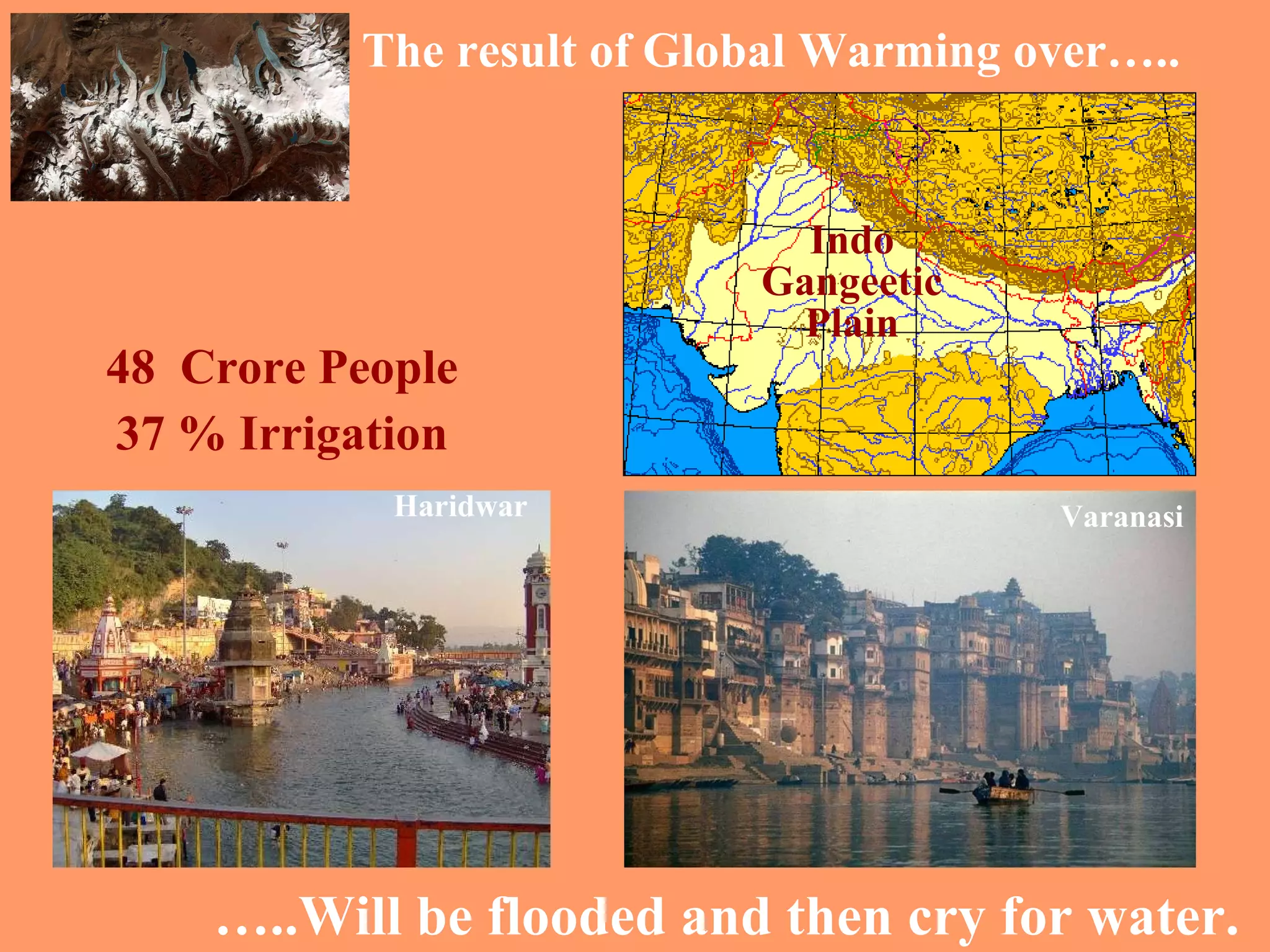 … ..Will be flooded and then cry for water. Haridwar Varanasi Indo Gangeetic Plain The result of Global Warming over….. 48  Crore People 37 % Irrigation 