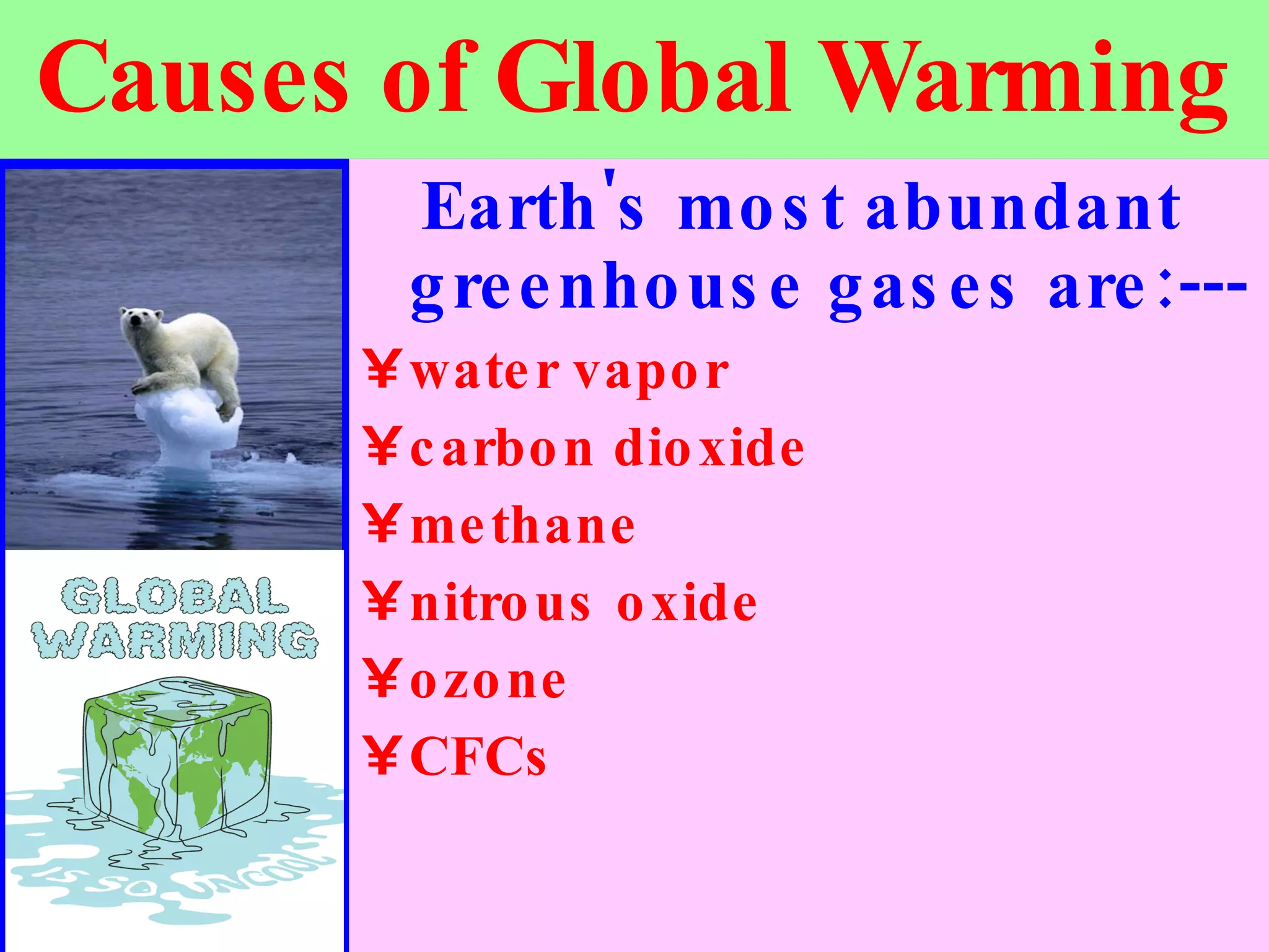 Causes of Global Warming Earth's most abundant greenhouse gases are:--- water vapor   carbon dioxide   methane   nitrous oxide   ozone   CFCs   