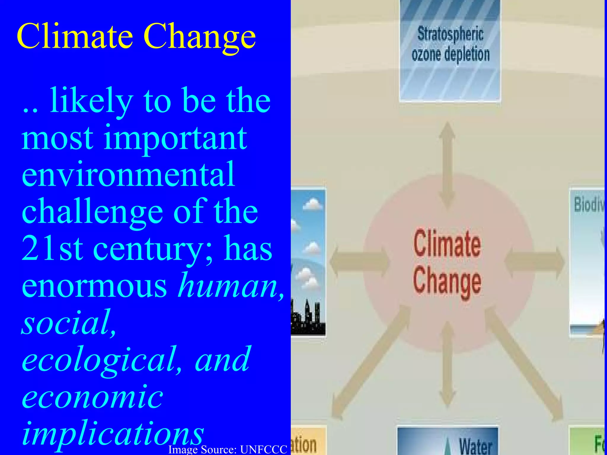 Climate Change .. likely to be the most important environmental challenge of the 21st century; has enormous  human, social, ecological, and economic implications Image Source: UNFCCC 