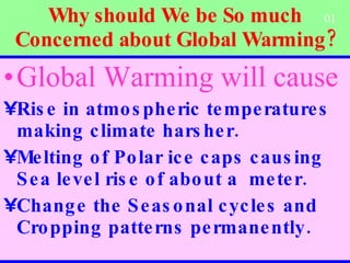 Why should We be So much Concerned about Global Warming? Global Warming will cause Rise in atmospheric temperatures making climate harsher. Melting of Polar ice caps causing Sea level rise of about a  meter. Change the Seasonal cycles and Cropping patterns permanently. 01 