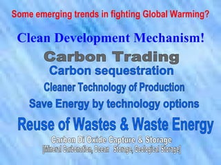 Some emerging trends in fighting Global Warming? Save Energy by technology options Carbon Trading Carbon sequestration Cleaner Technology of Production Reuse of Wastes & Waste Energy Carbon Di Oxide Capture & Storage [Mineral Carbonation, Ocean  Storage, Geological Storage] Clean Development Mechanism! 