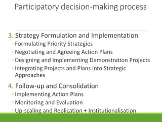 Participatory decision-making process
3. Strategy Formulation and Implementation
◦ Formulating Priority Strategies
◦ Negotiating and Agreeing Action Plans
◦ Designing and Implementing Demonstration Projects
◦ Integrating Projects and Plans into Strategic
Approaches
4. Follow-up and Consolidation
◦ Implementing Action Plans
◦ Monitoring and Evaluation
◦ Up-scaling and Replication • Institutionalisation
 