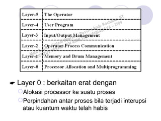  Layer 0 : berkaitan erat dengan
Alokasi processor ke suatu proses
Perpindahan antar proses bila terjadi interupsi
atau kuantum waktu telah habis
 