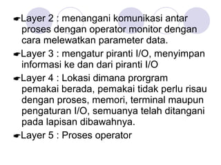Layer 2 : menangani komunikasi antar
proses dengan operator monitor dengan
cara melewatkan parameter data.
Layer 3 : mengatur piranti I/O, menyimpan
informasi ke dan dari piranti I/O
Layer 4 : Lokasi dimana prorgram
pemakai berada, pemakai tidak perlu risau
dengan proses, memori, terminal maupun
pengaturan I/O, semuanya telah ditangani
pada lapisan dibawahnya.
Layer 5 : Proses operator
 