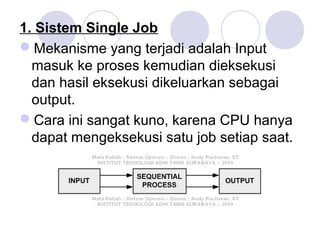 1. Sistem Single Job
Mekanisme yang terjadi adalah Input
masuk ke proses kemudian dieksekusi
dan hasil eksekusi dikeluarkan sebagai
output.
Cara ini sangat kuno, karena CPU hanya
dapat mengeksekusi satu job setiap saat.
 