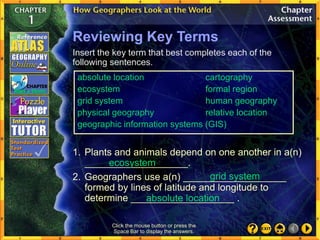 Click the mouse button or press the
Space Bar to display the answers.
Reviewing Key Terms
Insert the key term that best completes each of the
following sentences.
1. Plants and animals depend on one another in a(n)
___________________.
2. Geographers use a(n) ___________________
formed by lines of latitude and longitude to
determine ___________________ .
ecosystem
grid system
absolute location
absolute location cartography
ecosystem formal region
grid system human geography
physical geography relative location
geographic information systems (GIS)
 