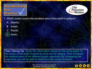 1. Which ocean covers the smallest area of the earth’s surface?
A Atlantic
B Indian
C Pacific
D Arctic
Click the mouse button or press the
Space Bar to display the answer.
Test–Taking Tip Study the information shown on the circle graph for
the areas of the earth covered by land and by oceans. Then compare
the relative sizes of the different graph segments. By comparing the
segments you will be able to determine the correct answers.
 