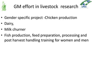 GM effort in livestock research
•
•
•
•

Gender specific project -Chicken production
Dairy,
Milk churner
Fish production, feed preparation, processing and
post harvest handling training for women and men

 