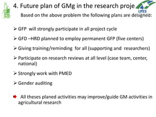 4. Future plan of GMg in the research projects
•

Based on the above problem the following plans are designed:
 GFP will strongly participate in all project cycle

 GFD –HRD planned to employ permanent GFP (five centers)
 Giving training/reminding for all (supporting and researchers)
 Participate on research reviews at all level (case team, center,
national)
 Strongly work with PMED
 Gender auditing
All theses planed activities may improve/guide GM activities in
agricultural research

 