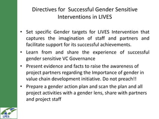 Gender inclusion in the LIVES project: Gender mainstreaming approaches and areas of interventions