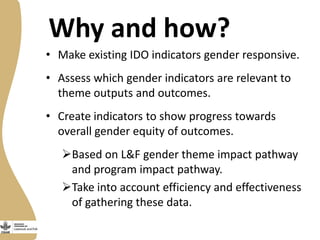Why and how?
• Make existing IDO indicators gender responsive.
• Assess which gender indicators are relevant to
theme outputs and outcomes.
• Create indicators to show progress towards
overall gender equity of outcomes.
Based on L&F gender theme impact pathway
and program impact pathway.
Take into account efficiency and effectiveness
of gathering these data.

 
