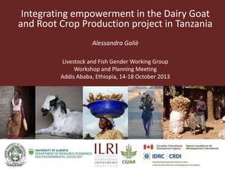 Integrating empowerment in the Dairy Goat
and Root Crop Production project in Tanzania
Alessandra Galiè
Livestock and Fish Gender Working Group
Workshop and Planning Meeting
Addis Ababa, Ethiopia, 14-18 October 2013

Partner Logo

Partner
Logo

 