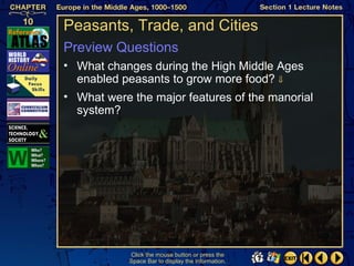 Peasants, Trade, and Cities
Preview Questions
• What changes during the High Middle Ages
  enabled peasants to grow more food? ⇓
• What were the major features of the manorial
  system?




            Click the mouse button or press the
            Space Bar to display the information.
 