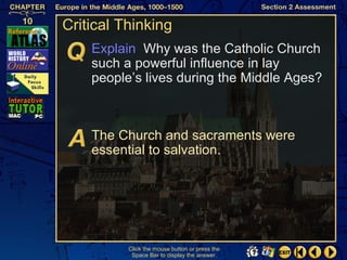 Critical Thinking
    Explain Why was the Catholic Church
    such a powerful influence in lay
    people’s lives during the Middle Ages?



    The Church and sacraments were
    essential to salvation.




          Click the mouse button or press the
           Space Bar to display the answer.
 
