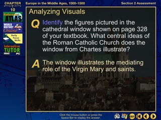 Analyzing Visuals
    Identify the figures pictured in the
    cathedral window shown on page 328
    of your textbook. What central ideas of
    the Roman Catholic Church does the
    window from Chartes illustrate?

    The window illustrates the mediating
    role of the Virgin Mary and saints.




          Click the mouse button or press the
           Space Bar to display the answer.
 