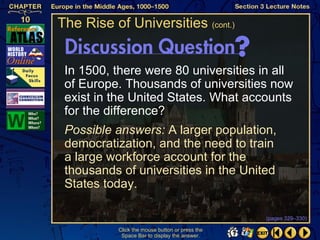 The Rise of Universities (cont.)


 In 1500, there were 80 universities in all
 of Europe. Thousands of universities now
 exist in the United States. What accounts
 for the difference?
 Possible answers: A larger population,
 democratization, and the need to train
 a large workforce account for the
 thousands of universities in the United
 States today.

                                                 (pages 329–330)

           Click the mouse button or press the
            Space Bar to display the answer.
 