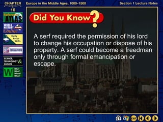 A serf required the permission of his lord
to change his occupation or dispose of his
property. A serf could become a freedman
only through formal emancipation or
escape.
 