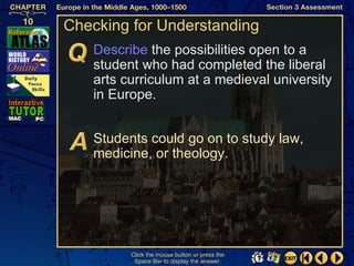 Checking for Understanding
   Describe the possibilities open to a
   student who had completed the liberal
   arts curriculum at a medieval university
   in Europe.


   Students could go on to study law,
   medicine, or theology.




         Click the mouse button or press the
          Space Bar to display the answer.
 