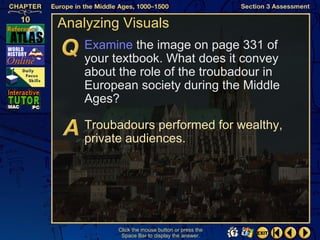 Analyzing Visuals
    Examine the image on page 331 of
    your textbook. What does it convey
    about the role of the troubadour in
    European society during the Middle
    Ages?

    Troubadours performed for wealthy,
    private audiences.




          Click the mouse button or press the
           Space Bar to display the answer.
 