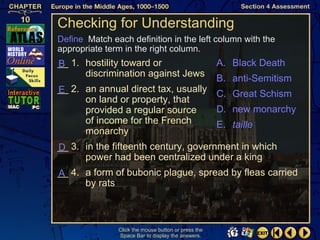 Checking for Understanding
Define Match each definition in the left column with the
appropriate term in the right column.
__ 1. hostility toward or
B                                                    A. Black Death
      discrimination against Jews                    B. anti-Semitism
__ 2. an annual direct tax, usually C. Great Schism
E
      on land or property, that
      provided a regular source     D. new monarchy
      of income for the French      E. taille
      monarchy
__ 3. in the fifteenth century, government in which
D
      power had been centralized under a king
__ 4. a form of bubonic plague, spread by fleas carried
A
      by rats



               Click the mouse button or press the
               Space Bar to display the answers.
 