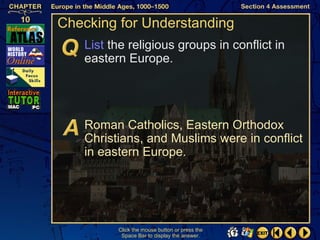 Checking for Understanding
   List the religious groups in conflict in
   eastern Europe.




   Roman Catholics, Eastern Orthodox
   Christians, and Muslims were in conflict
   in eastern Europe.




         Click the mouse button or press the
          Space Bar to display the answer.
 