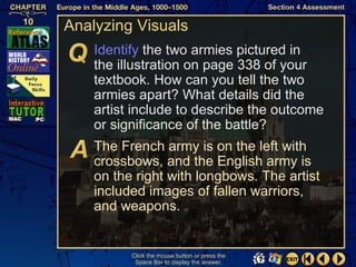 Analyzing Visuals
    Identify the two armies pictured in
    the illustration on page 338 of your
    textbook. How can you tell the two
    armies apart? What details did the
    artist include to describe the outcome
    or significance of the battle?
    The French army is on the left with
    crossbows, and the English army is
    on the right with longbows. The artist
    included images of fallen warriors,
    and weapons.


          Click the mouse button or press the
           Space Bar to display the answer.
 