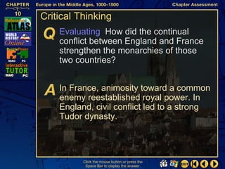 Critical Thinking
    Evaluating How did the continual
    conflict between England and France
    strengthen the monarchies of those
    two countries?


    In France, animosity toward a common
    enemy reestablished royal power. In
    England, civil conflict led to a strong
    Tudor dynasty.




          Click the mouse button or press the
           Space Bar to display the answer.
 