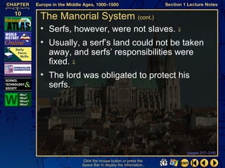 The Manorial System (cont.)
• Serfs, however, were not slaves. ⇓
• Usually, a serf’s land could not be taken
  away, and serfs’ responsibilities were
  fixed. ⇓
• The lord was obligated to protect his
  serfs.




                                                   (pages 317–318)

           Click the mouse button or press the
           Space Bar to display the information.
 