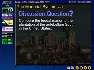 The Manorial System (cont.)


 Compare the feudal manor to the
 plantation of the antebellum South
 in the United States.




                                      (pages 317–318)
 