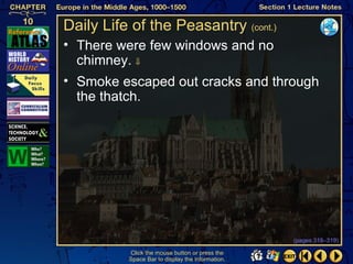 Daily Life of the Peasantry (cont.)
• There were few windows and no
  chimney. ⇓
• Smoke escaped out cracks and through
  the thatch.




                                                  (pages 318–319)

          Click the mouse button or press the
          Space Bar to display the information.
 