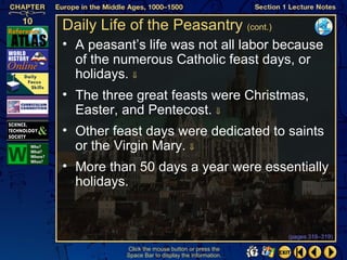 Daily Life of the Peasantry (cont.)
• A peasant’s life was not all labor because
  of the numerous Catholic feast days, or
  holidays. ⇓
• The three great feasts were Christmas,
  Easter, and Pentecost. ⇓
• Other feast days were dedicated to saints
  or the Virgin Mary. ⇓
• More than 50 days a year were essentially
  holidays.


                                                  (pages 318–319)

          Click the mouse button or press the
          Space Bar to display the information.
 