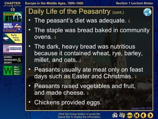 Daily Life of the Peasantry (cont.)
• The peasant’s diet was adequate. ⇓
• The staple was bread baked in community
  ovens. ⇓
• The dark, heavy bread was nutritious
  because it contained wheat, rye, barley,
  millet, and oats. ⇓
• Peasants usually ate meat only on feast
  days such as Easter and Christmas. ⇓
• Peasants raised vegetables and fruit,
  and made cheese. ⇓
• Chickens provided eggs.
                                                  (pages 318–319)

          Click the mouse button or press the
          Space Bar to display the information.
 