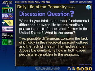 Daily Life of the Peasantry (cont.)


 What do you think is the most fundamental
 difference between life for the medieval
 peasant and life for the small farmer in the
 United States? What is the same?
 Two possible differences concern the lack
 of privacy in the medieval peasant cottage
 and the lack of meat in the medieval diet.
 A possible similarity is how in both cases
 people are beholden to the seasons.

                                                 (pages 318–319)

           Click the mouse button or press the
            Space Bar to display the answer.
 