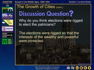 The Growth of Cities (cont.)


 Why do you think elections were rigged
 to elect the patricians?

 The elections were rigged so that the
 interests of the wealthy and powerful
 were protected.




                                                (pages 320–321)

          Click the mouse button or press the
           Space Bar to display the answer.
 