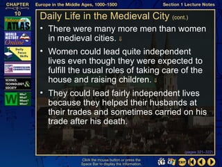 Daily Life in the Medieval City (cont.)
• There were many more men than women
  in medieval cities. ⇓
• Women could lead quite independent
  lives even though they were expected to
  fulfill the usual roles of taking care of the
  house and raising children. ⇓
• They could lead fairly independent lives
  because they helped their husbands at
  their trades and sometimes carried on his
  trade after his death.


                                                   (pages 321–322)

           Click the mouse button or press the
           Space Bar to display the information.
 