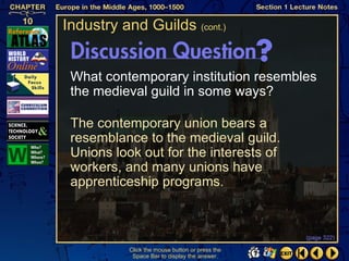 Industry and Guilds (cont.)


 What contemporary institution resembles
 the medieval guild in some ways?

 The contemporary union bears a
 resemblance to the medieval guild.
 Unions look out for the interests of
 workers, and many unions have
 apprenticeship programs.


                                                 (page 322)

           Click the mouse button or press the
            Space Bar to display the answer.
 