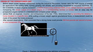 24
ORIGIN OF THE HORSEPOWER UNIT
- Before steam power became widespread during the Industrial Revolution, horses were the main source of energy
for applications like pulling carts, turning grinding mill wheels, and providing movement to industrial machines. As
the availability of steam engines increased, a means of providing understandable power ratings became important.
- Comparing the power output of a steam engine to a corresponding number of horses was an easy way for
prospective engine owners to understand and compare power ratings.
- James Watt, an engineer, inventor, and entrepreneur of the late 1700s, determined that by recording the distance a
horse traveled in a specific time while pulling a known weight against gravitational force, a measurement could be
made of the power the horse produced.
- After several observations, Watt concluded that a strong horse could provide 550 foot-pounds per second of power,
or one horsepower (Fig. 1).
Figure 1. Diagram demonstrating the definition of horsepower.
 