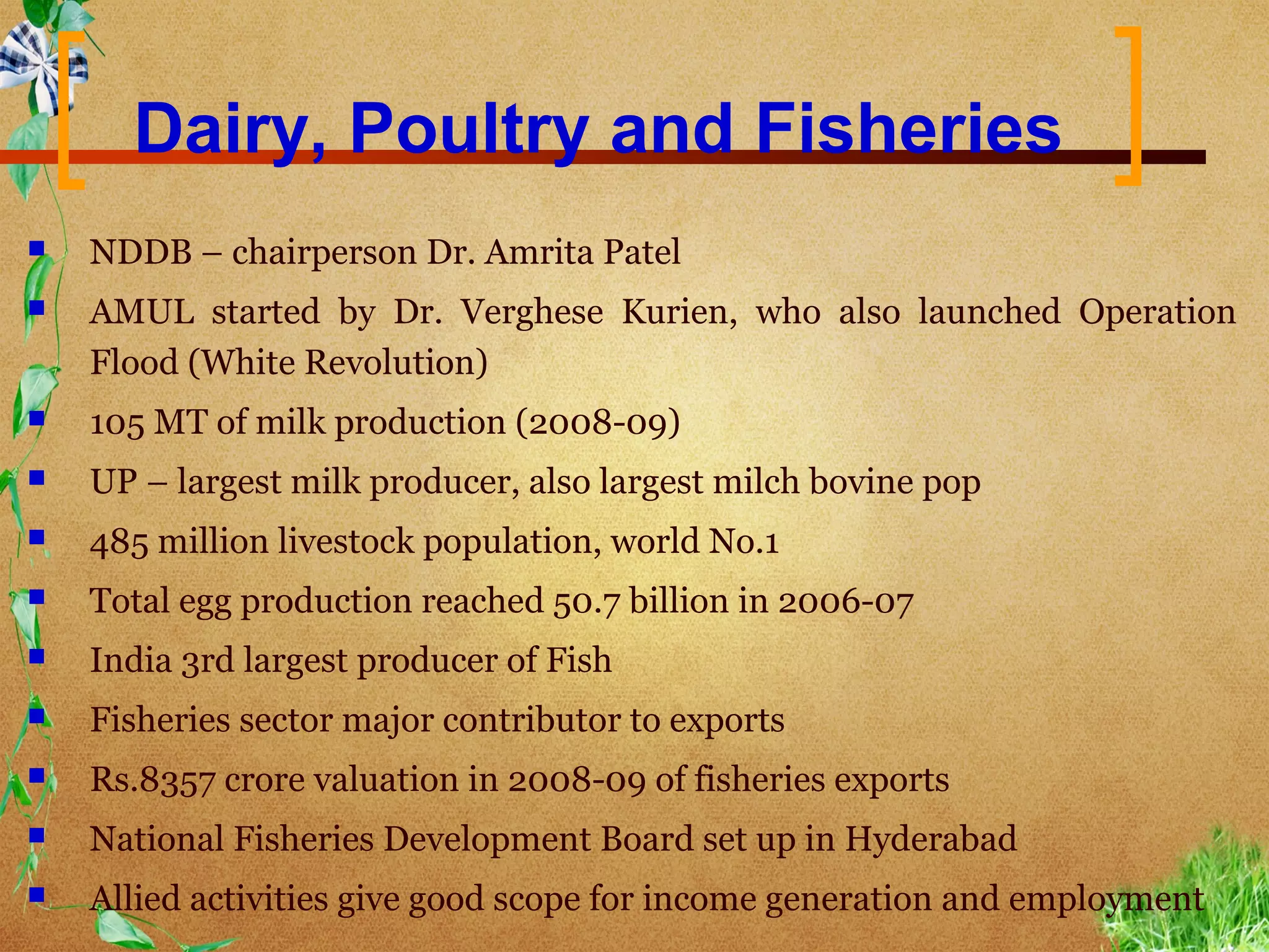 Dairy, Poultry and Fisheries
   NDDB – chairperson Dr. Amrita Patel
   AMUL started by Dr. Verghese Kurien, who also launched Operation
    Flood (White Revolution)
   105 MT of milk production (2008-09)
   UP – largest milk producer, also largest milch bovine pop
   485 million livestock population, world No.1
   Total egg production reached 50.7 billion in 2006-07
   India 3rd largest producer of Fish
   Fisheries sector major contributor to exports
   Rs.8357 crore valuation in 2008-09 of fisheries exports
   National Fisheries Development Board set up in Hyderabad
   Allied activities give good scope for income generation and employment
 