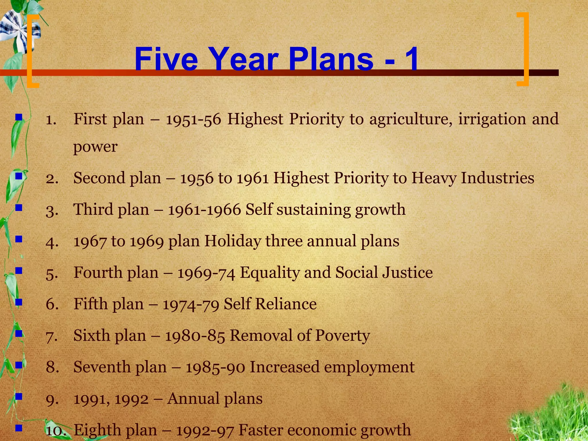 Five Year Plans - 1
   1.   First plan – 1951-56 Highest Priority to agriculture, irrigation and
         power
   2. Second plan – 1956 to 1961 Highest Priority to Heavy Industries
   3. Third plan – 1961-1966 Self sustaining growth
   4. 1967 to 1969 plan Holiday three annual plans
   5. Fourth plan – 1969-74 Equality and Social Justice
   6. Fifth plan – 1974-79 Self Reliance
   7. Sixth plan – 1980-85 Removal of Poverty
   8. Seventh plan – 1985-90 Increased employment
   9. 1991, 1992 – Annual plans
   10. Eighth plan – 1992-97 Faster economic growth
 