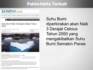 Sp
Suhu Bumi
diperkirakan akan Naik
3 Derajat Celcius
Tahun 2050 yang
mengakibatkan Suhu
Bumi Semakin Panas
Fakta-fakta Terkait
 