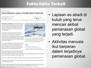 Sp
Fakta-fakta Terkait
• Lapisan es abadi di
kutub yang terus
mencair akibat
pemanasan global
yang terjadi.
• Aktivitas manusia
ikut berperan
dalam terjadinya
pemanasan global.
 