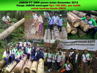 JABON PT GMN panen bulan Desember 2012
Harga JABON mencapai Rp1.160.000,- per kubik
untuk backup bisnis GWIG
 