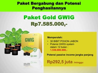 Sp
Rp7.585.000,-
Memperoleh:
• 30 BIBIT POHON JABON
• Potensi GWIG system
dalam 12 bulan :
1.536.000.000,-
Potensi passive income jangka panjang
Rp292,5 juta /minggu
Paket Bergabung dan Potensi
Penghasilannya
 