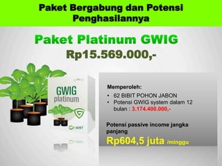 Sp
Rp15.569.000,-
Memperoleh:
• 62 BIBIT POHON JABON
• Potensi GWIG system dalam 12
bulan : 3.174.400.000,-
Potensi passive income jangka
panjang
Rp604,5 juta /minggu
Paket Bergabung dan Potensi
Penghasilannya
 